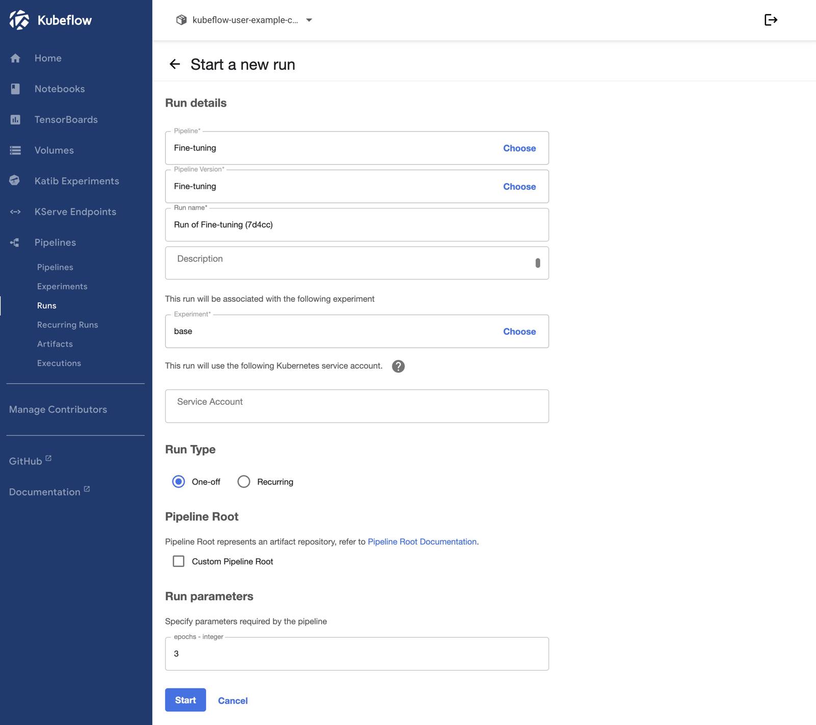 Screenshot of the “Start a new run” page within Kubeflow